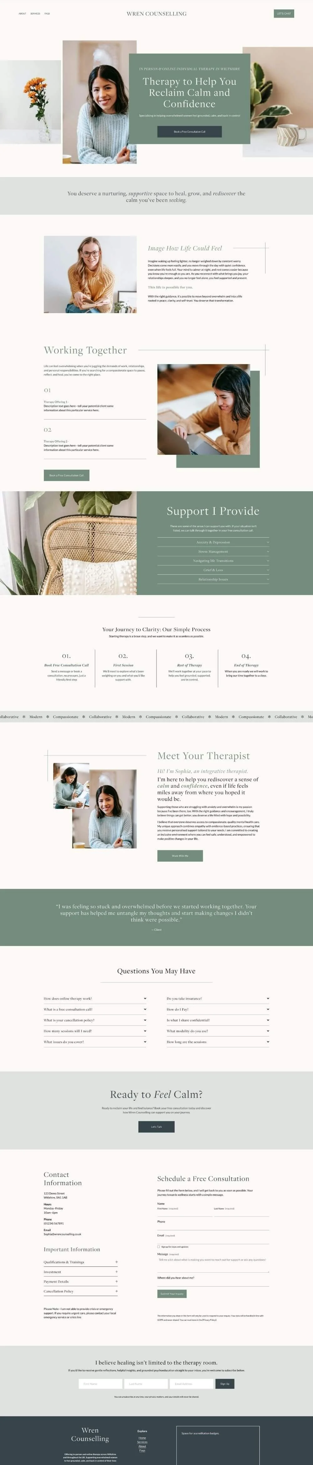 A calming webpage design for Wren Counselling featuring images of smiling women, plants, and flowers, with sections about therapy, working together, support, therapist introduction, FAQ, contact, and scheduling a consultation.