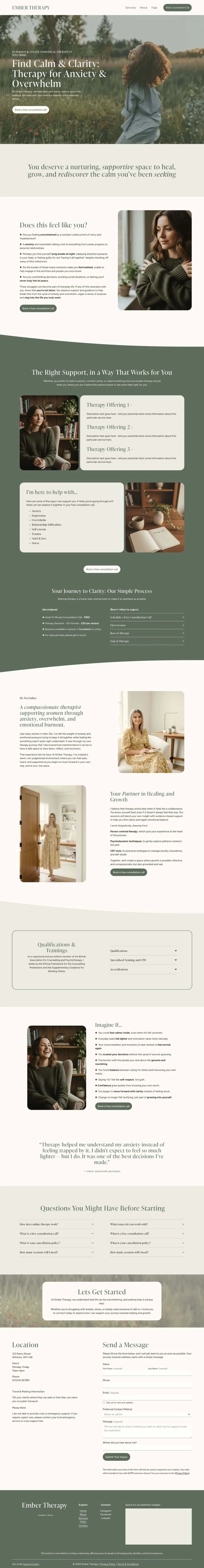 A website homepage for Ember Therapy featuring a calming outdoor scene of a woman in nature, with sections about anxiety therapy, therapy offerings, and client testimonials, all in a muted green and neutral color palette.