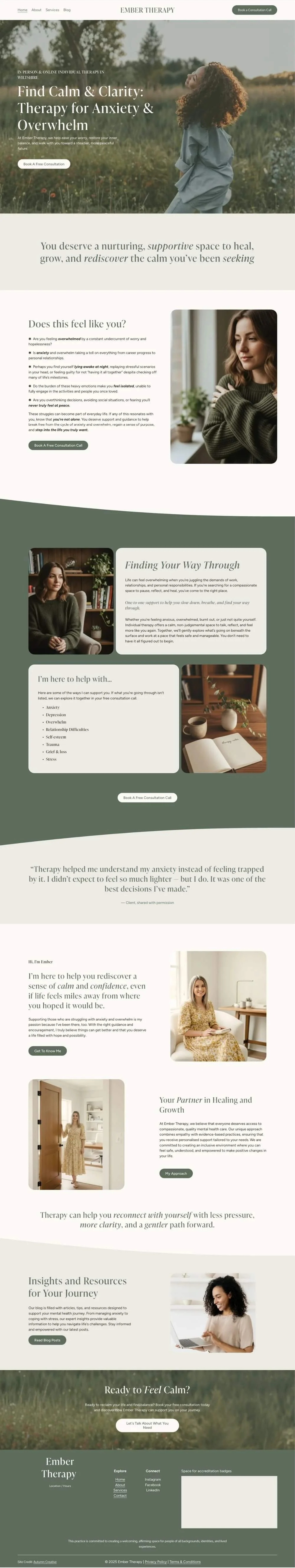 A woman with curly hair stands in a green field, looking up and smiling, promoting therapy for anxiety and overwhelm on a calming website.