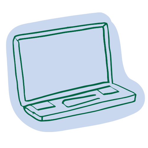 Line drawing of an open laptop computer with a visible screen and keyboard.