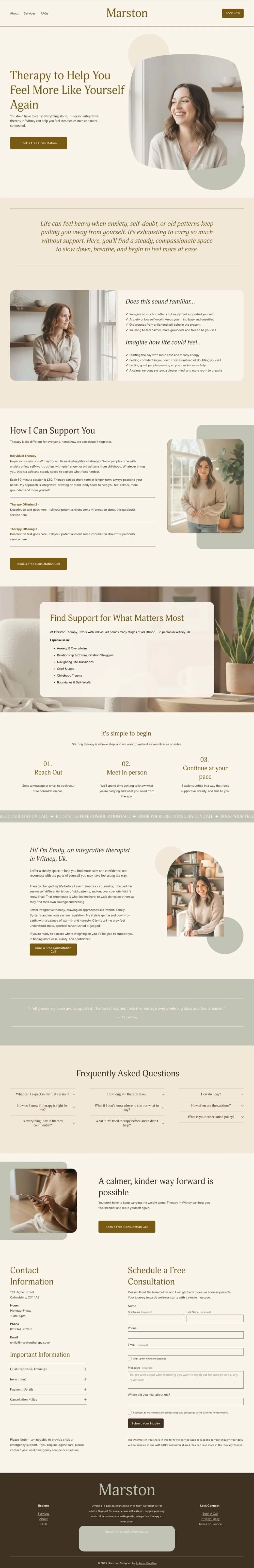 Screenshot of Marston therapy website homepage with a smiling woman and various sections about therapy services and contact information.