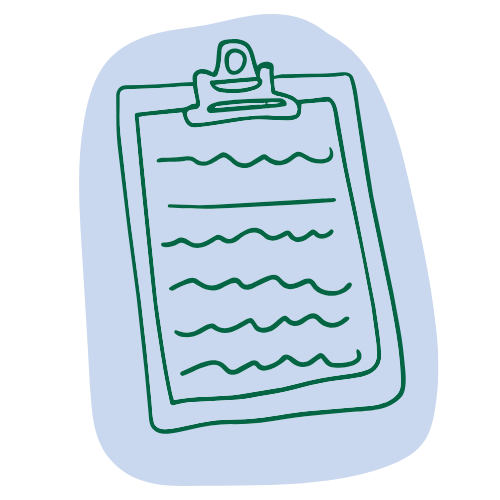 Illustration of a clipboard with a sheet of paper and wavy lines, enclosed in an oval background.