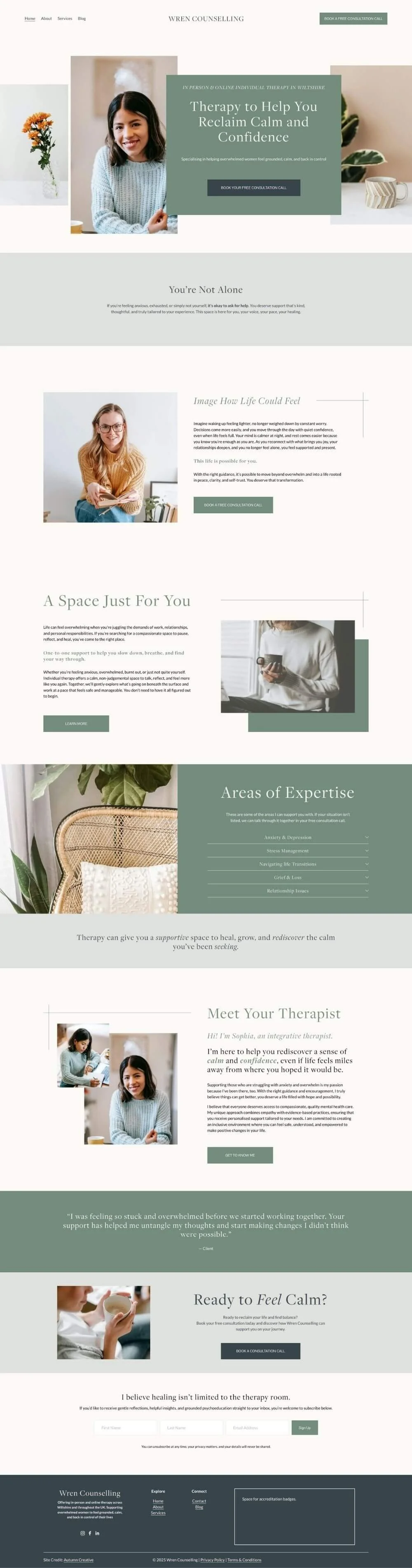 Homepage of Wren Counselling, a mental health therapy service offering online therapy sessions. The page features a large header image of a smiling woman, with sections about therapy services, therapist introduction, areas of expertise, and contact information. The color scheme is soft greens and neutrals.
