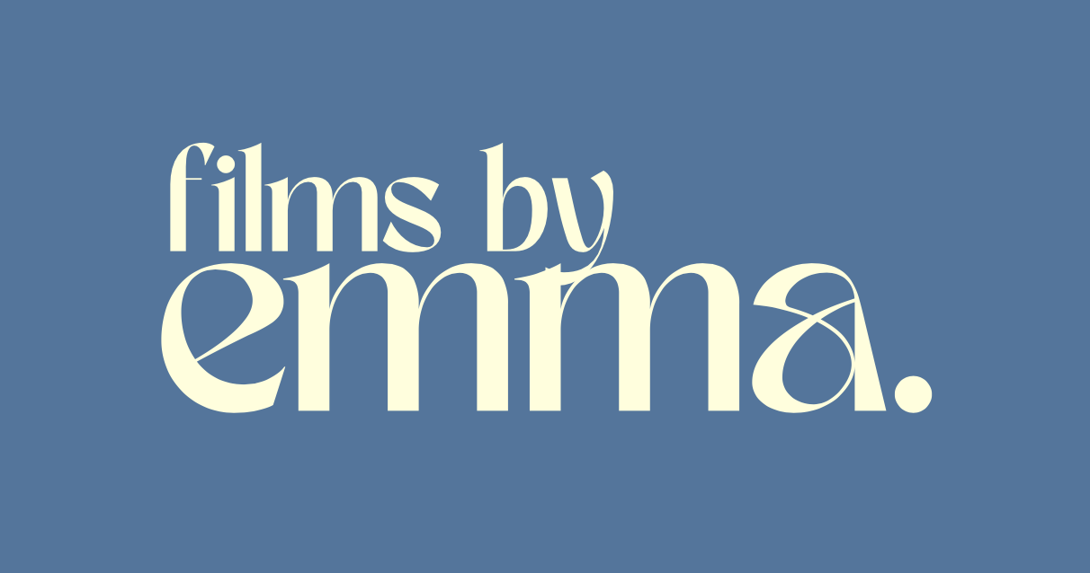 Text that reads 'films by emma' in large, cream-colored font on a blue background.