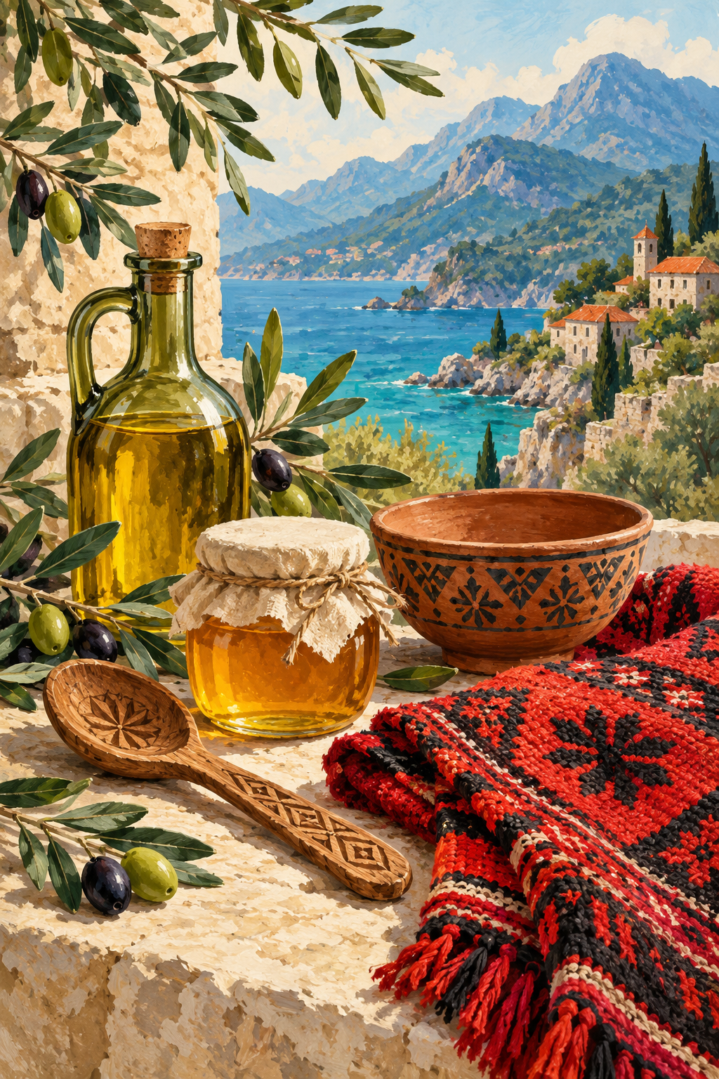 Illustrated collection preview of artisanal foods and handmade keepsakes with Albanian red-and-black woven motifs