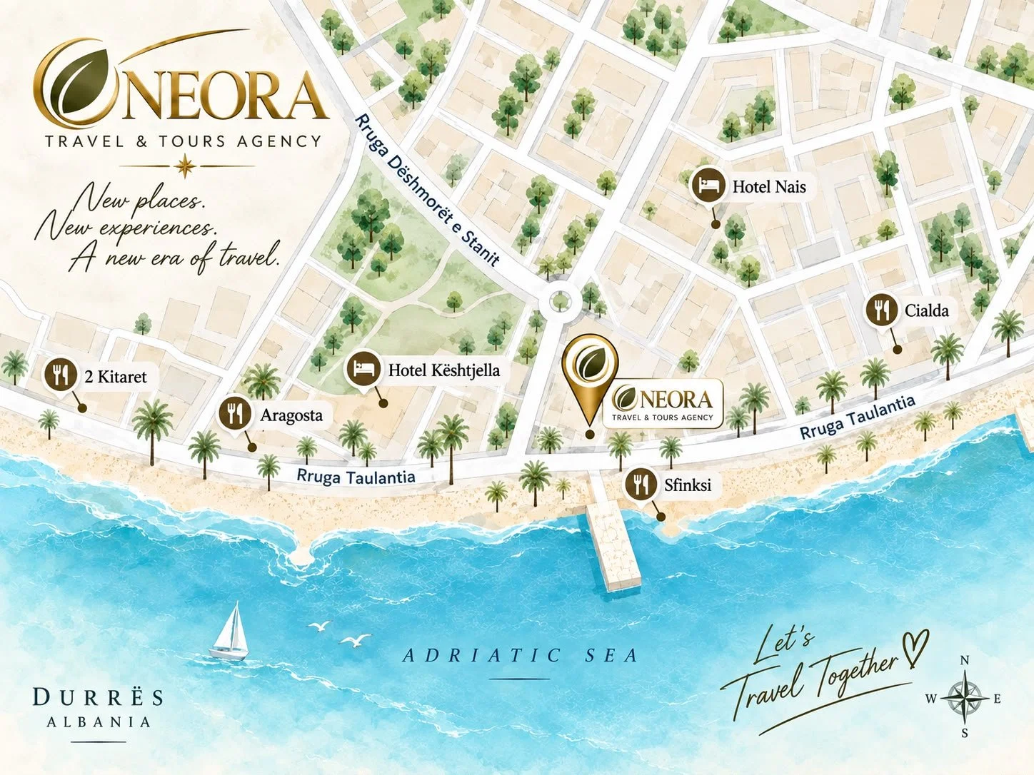 Illustrated map showing Neora Travel on Rruga Taulantia near the Durrës seafront