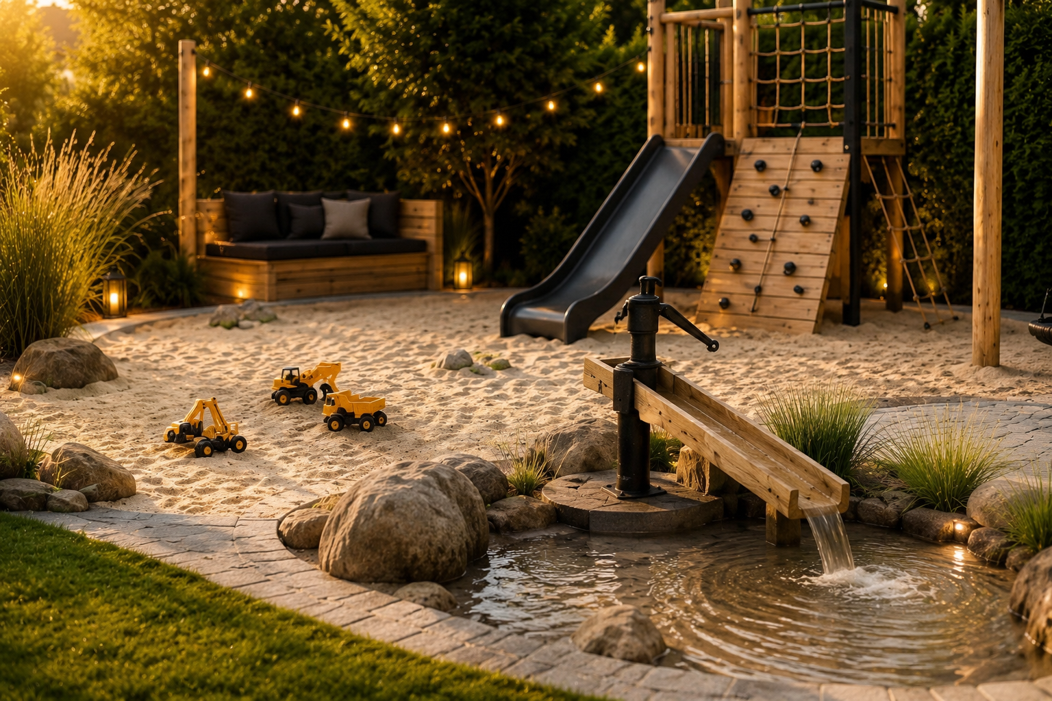 Naturnaher Spielbereich im Familiengarten mit Sandfläche, Wasserstelle, Klettergerüst, Rutsche und warmer Gartenbeleuchtung.