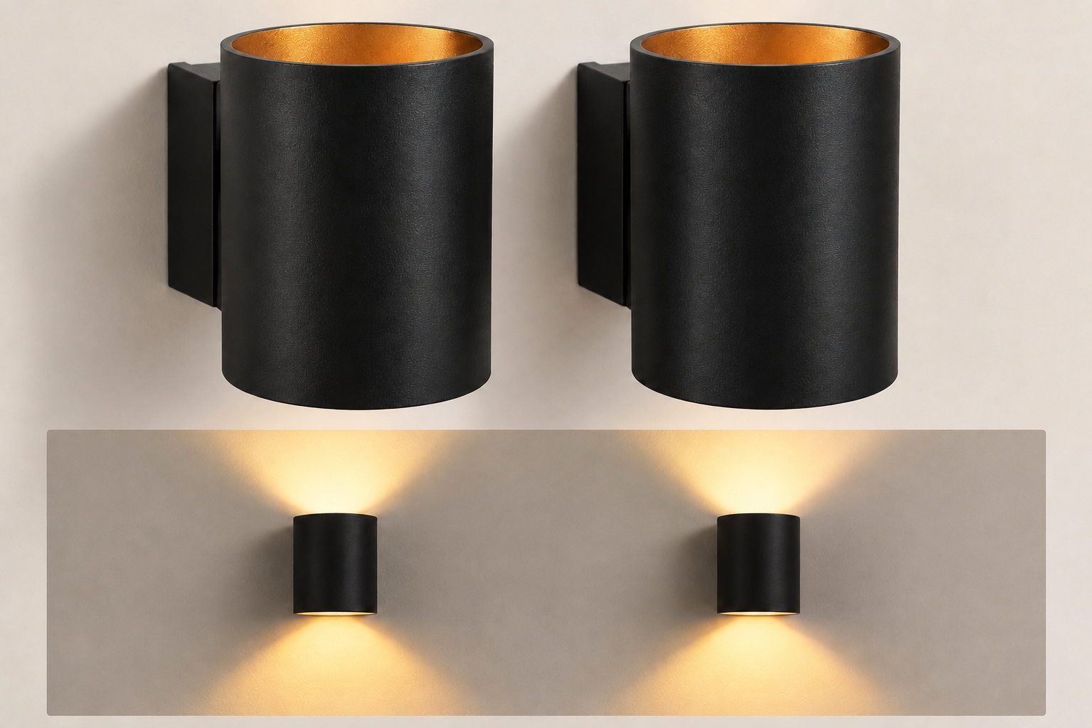 Schwarze Aussenleuchte mit warmem Up-and-Down-Licht für eine moderne und stimmungsvoll beleuchtete Terrasse.