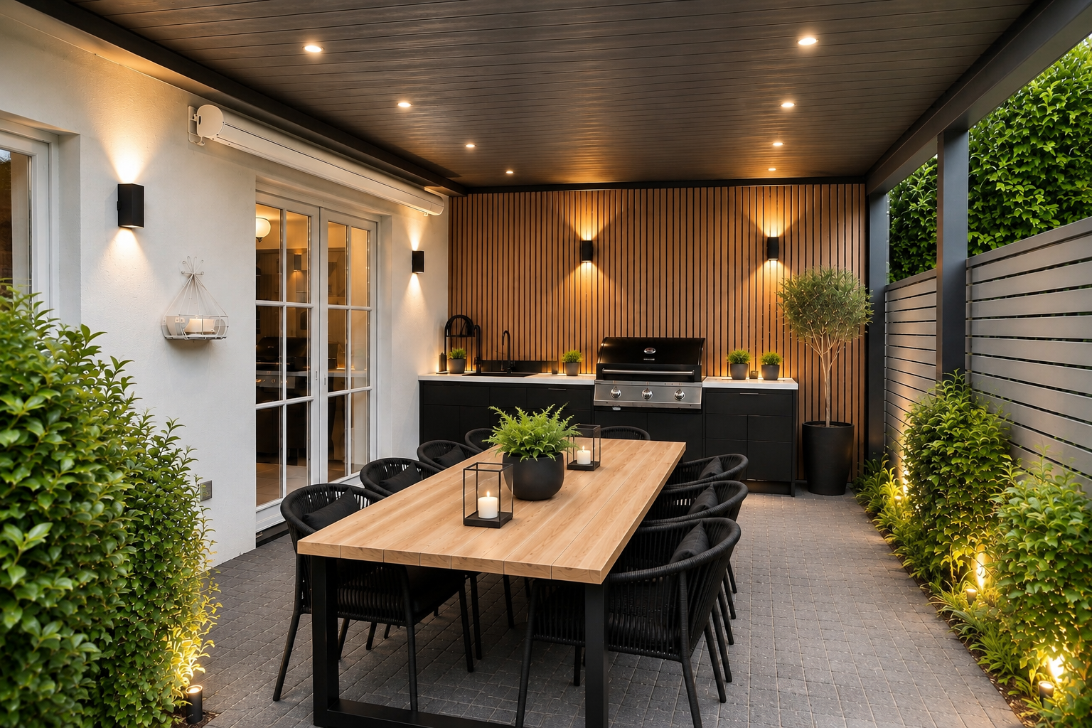 Überdachte Terrasse gestalten: Outdoor-Küche &amp; moderner Essbereich