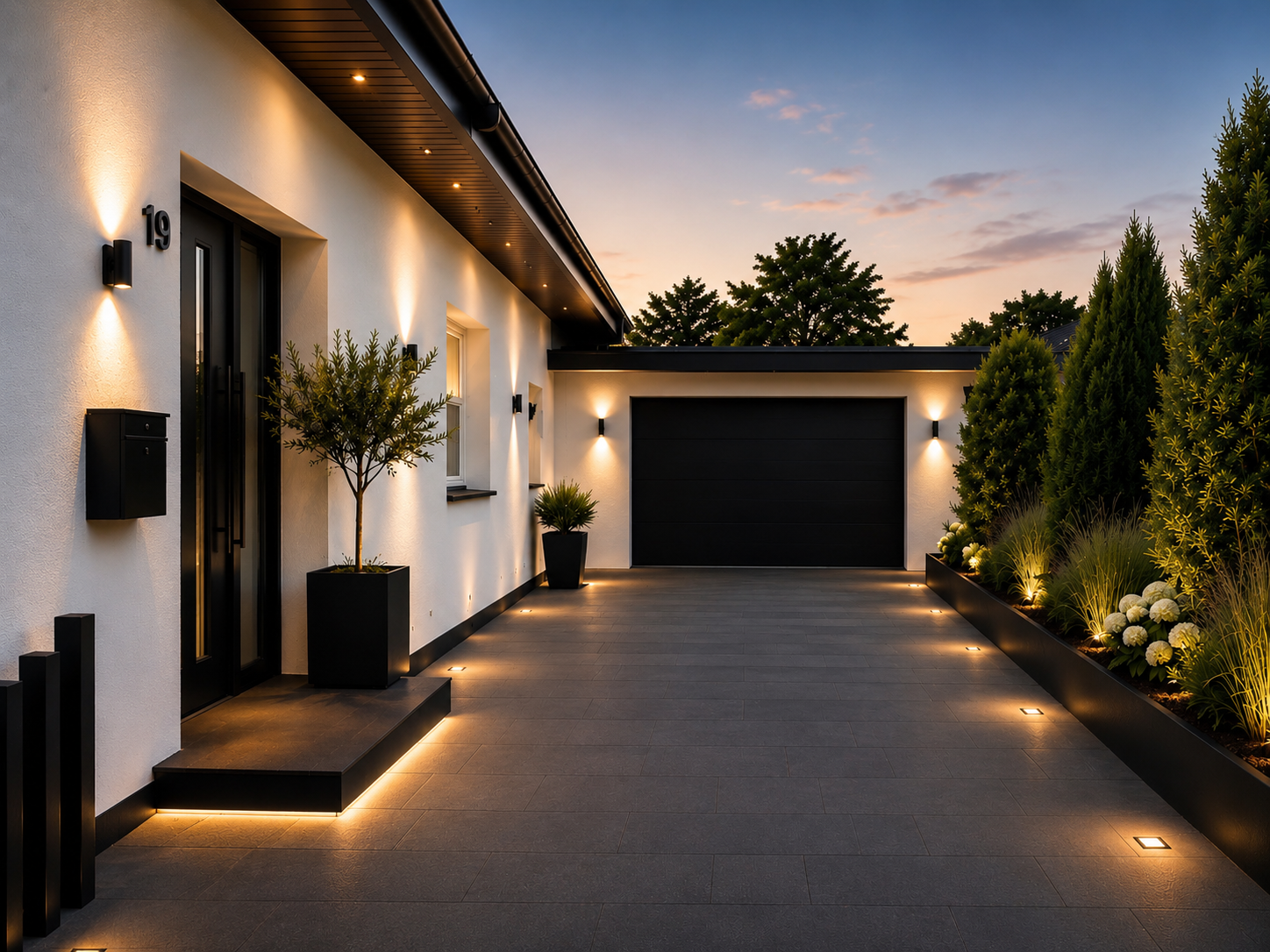 Garagenauffahrt modern gestalten - vorher &amp;nachher mit Schwarz, Holz und Licht