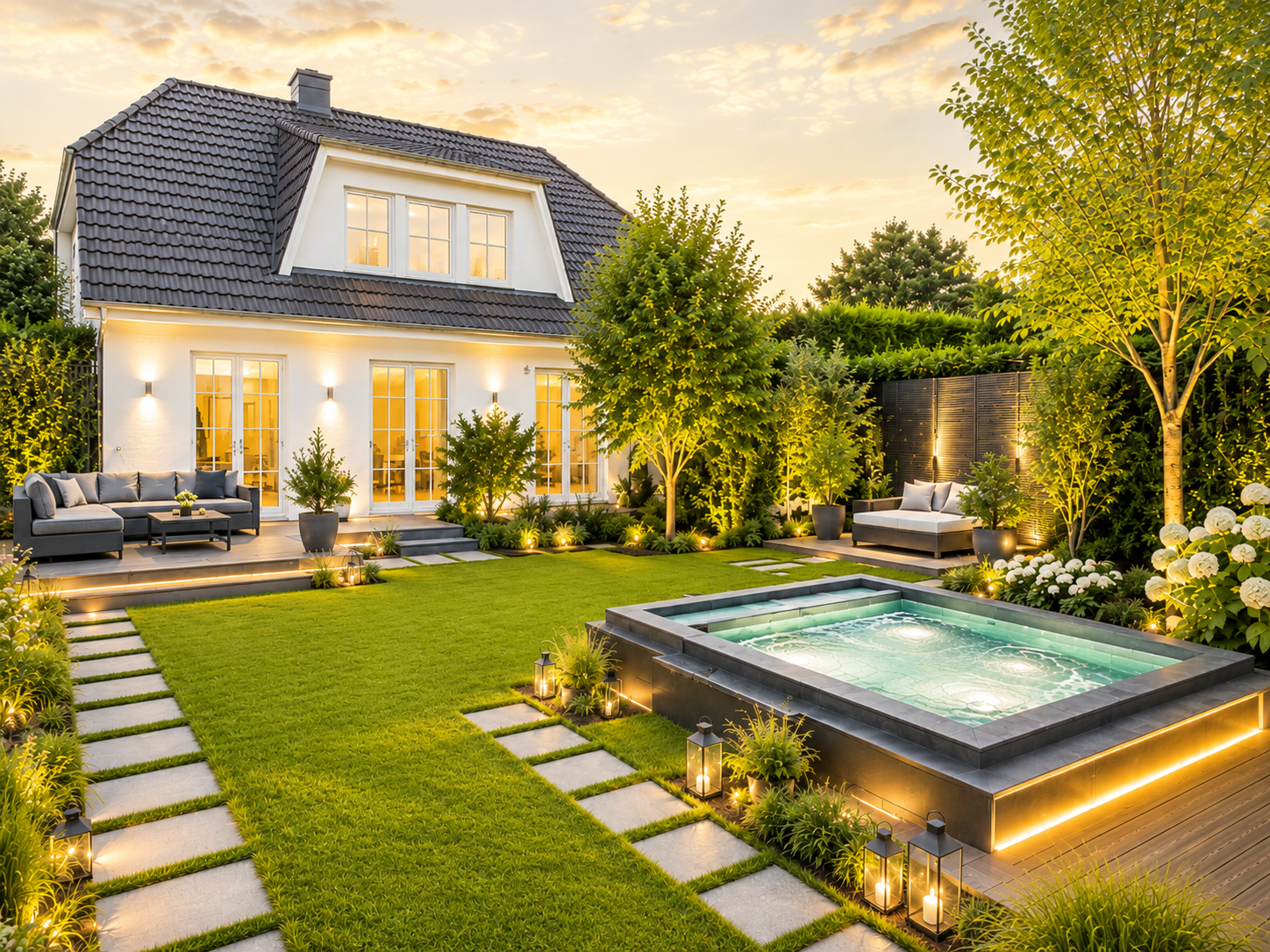 Moderner Garten mit Pool, Sitzbereich,  Bäumen und stimmungsvoller Beleuchtung bei Sonnenuntergang.