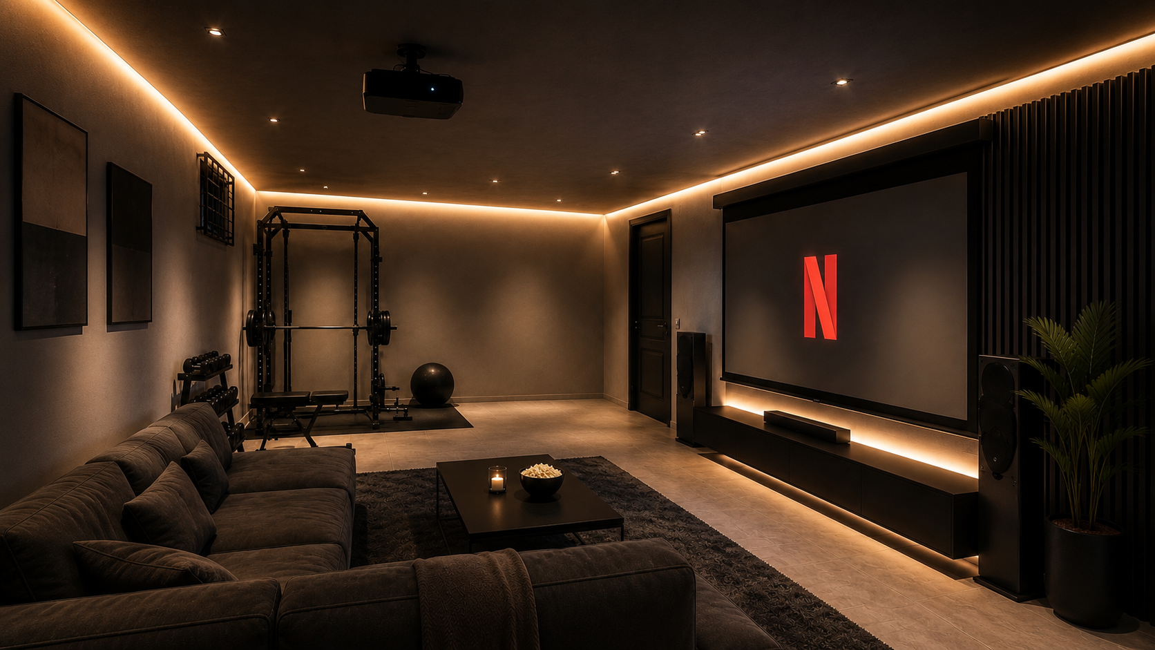 Moderner Keller mit Home Gym, Heimkino, dunkler Einrichtung und warmer indirekter Beleuchtung