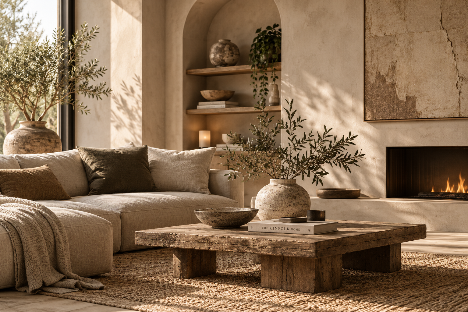 Wabi-Sabi-Wohnzimmer mit warmen Erdtönen, Naturholz, Leinenstoffen und rustikalem Couchtisch.