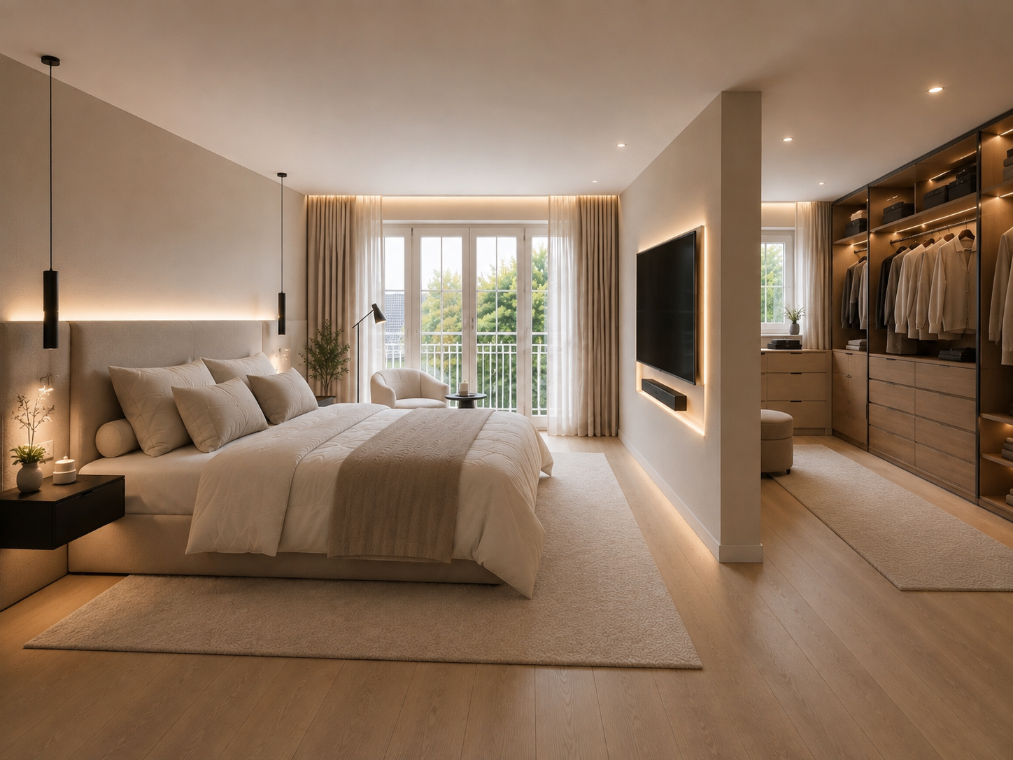 Helles modernes Schlafzimmer mit grossem Bett, TV-Wand, offenem Ankleidebereich, Balkon und warmer Beleuchtung.