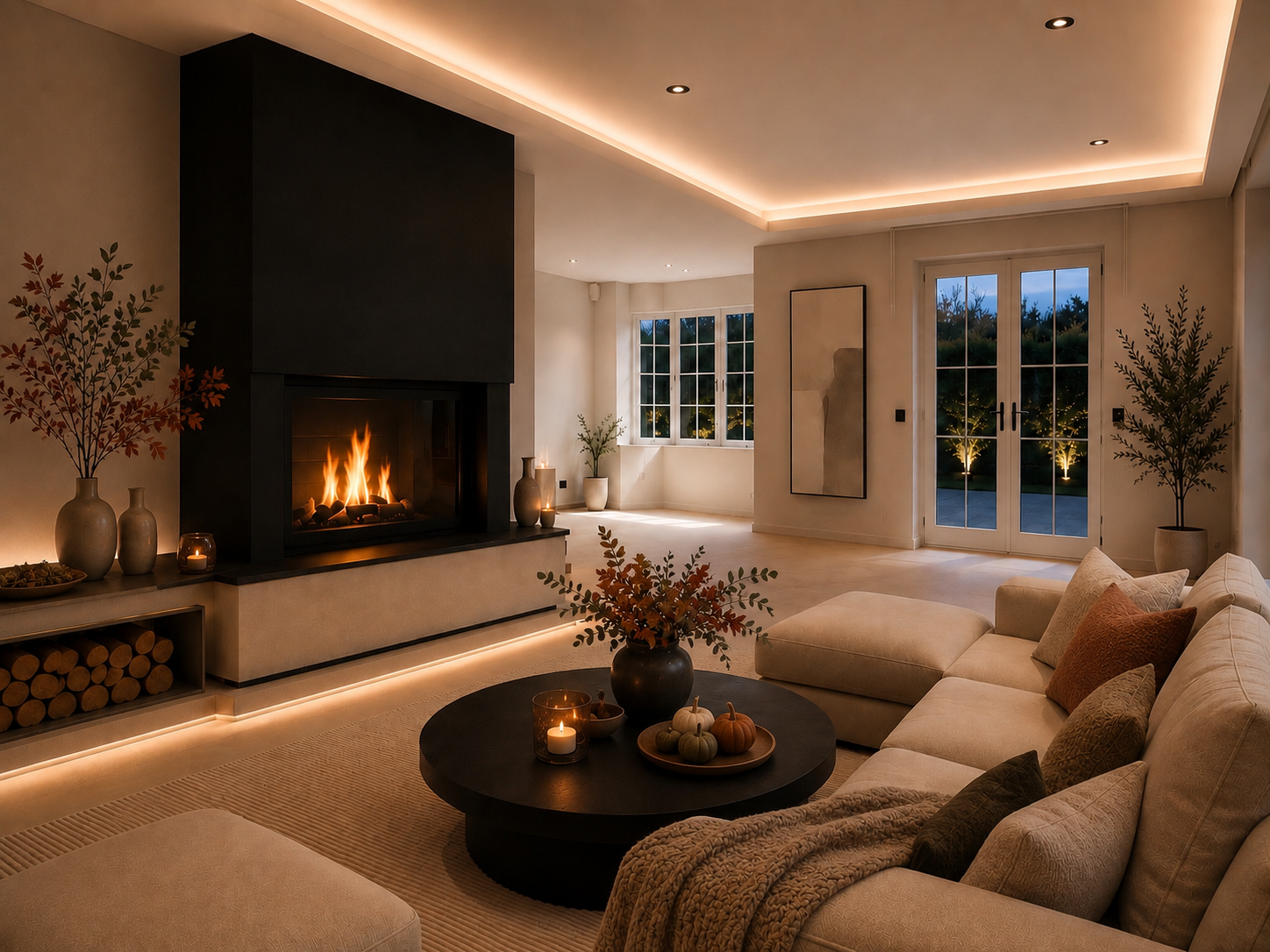 Modernes Wohnzimmer mit Kamin, warmem indirektem Licht, beigen Textilien, schwarzer Couchtisch und dezenter Herbstdekoration.