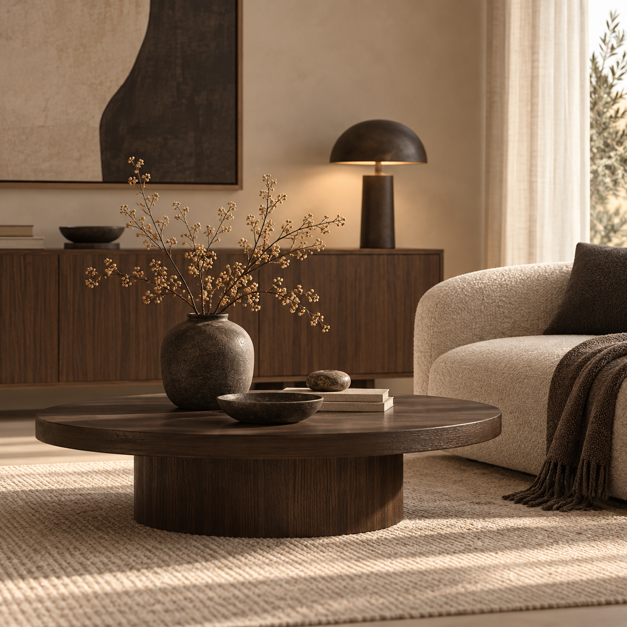 Dark-Japandi-Wohnzimmer mit dunklem Walnussholz, warmen Naturtönen, schwarzem Couchtisch und minimalistischer Einrichtung.
