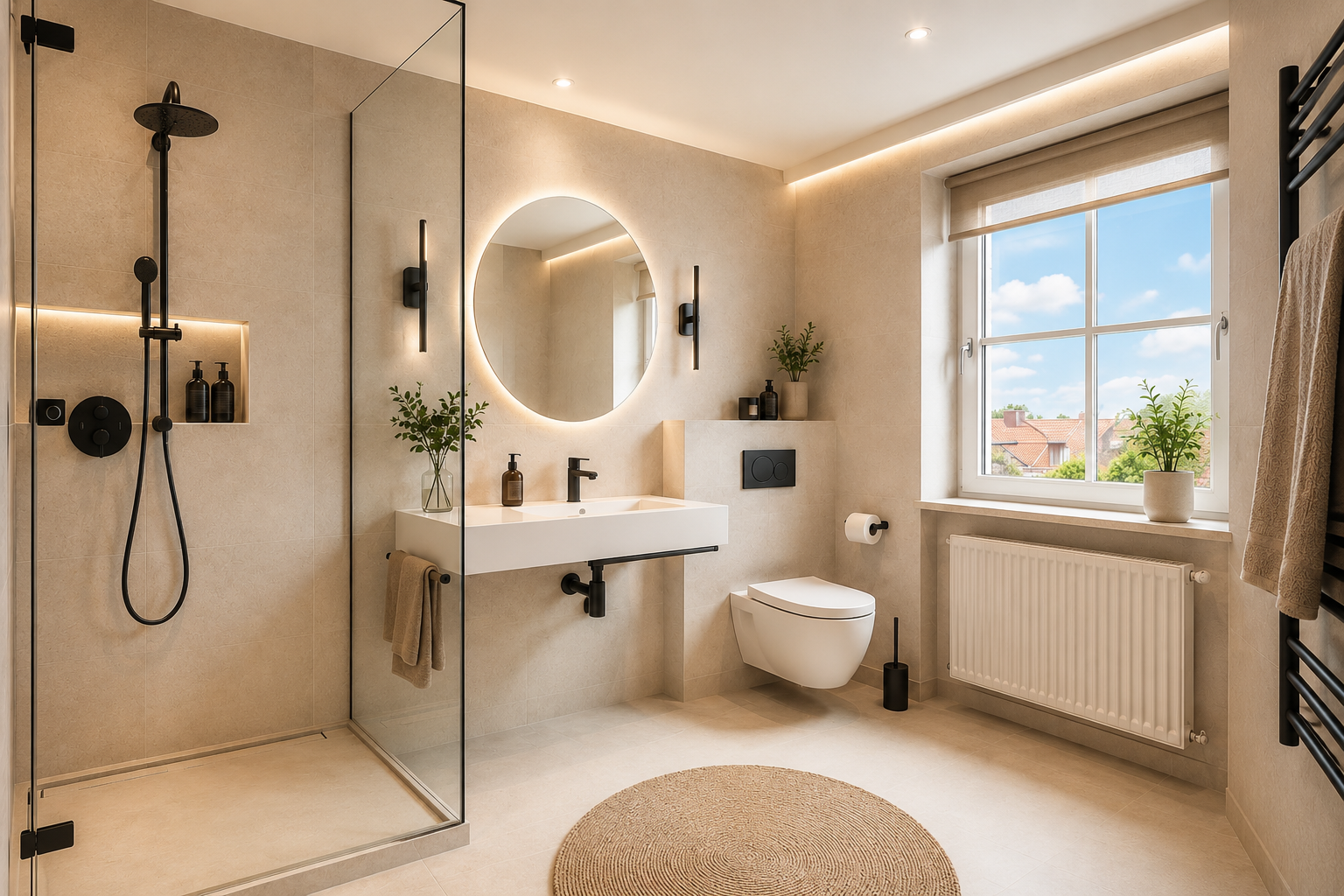 Moderne Badezimmer mit Doppelwaschbecken, großem Spiegel, bodengleicher Dusche und warmen Naturtönen.