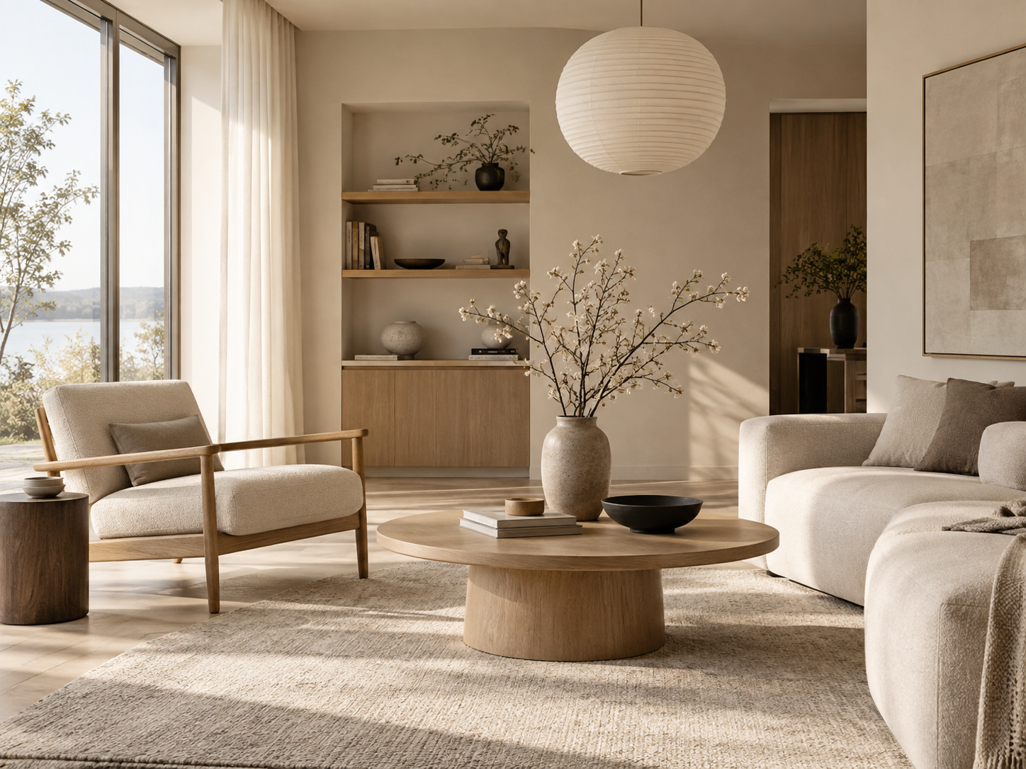 Helles Japandi-Wohnzimmer mit warmen Naturtönen, hellem Holz, beigen Textilien und minimalistischer Einrichtung.