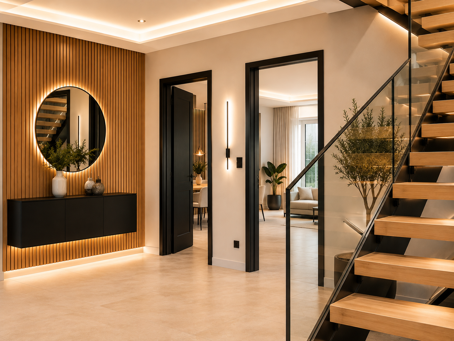 Moderner Flur mit Holzlamellenwand, rundem Spiegel, schwarzer Konsole, offener Treppe und warmer indirekter Beleuchtung.