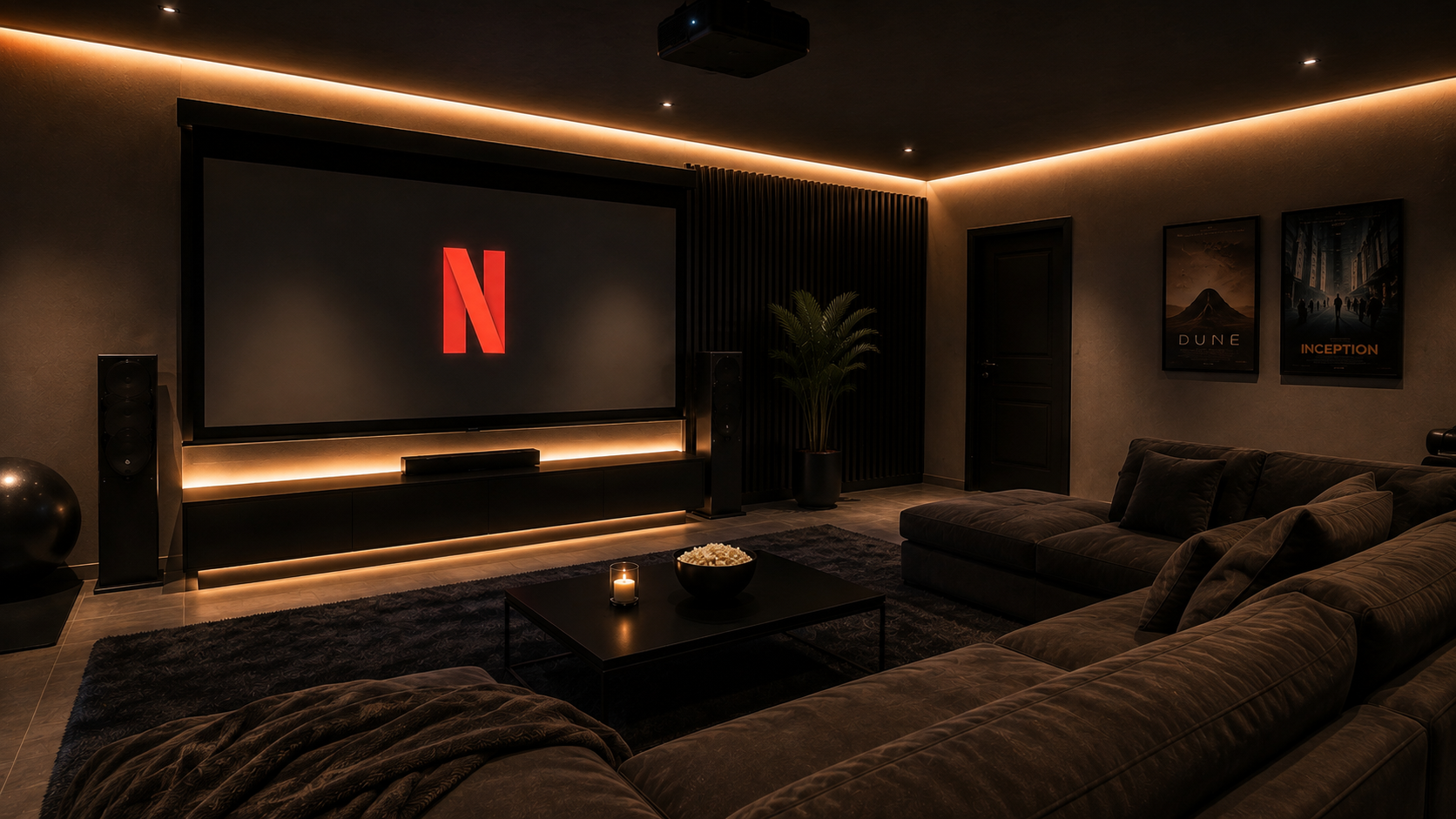 Gemütliche Heimkino-Zone im Keller mit grosser Leinwand, dunklem Sofa, Akustikelementen und warmer indirekter Beleuchtung.