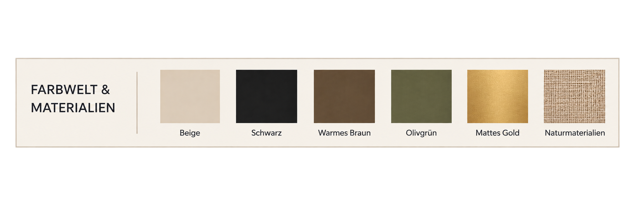 Farbpalette für moderne Herbstdeko mit Beige, Schwarz, warmem Braun, Olivgrün, mattem Gold und natürlichen Materialien.