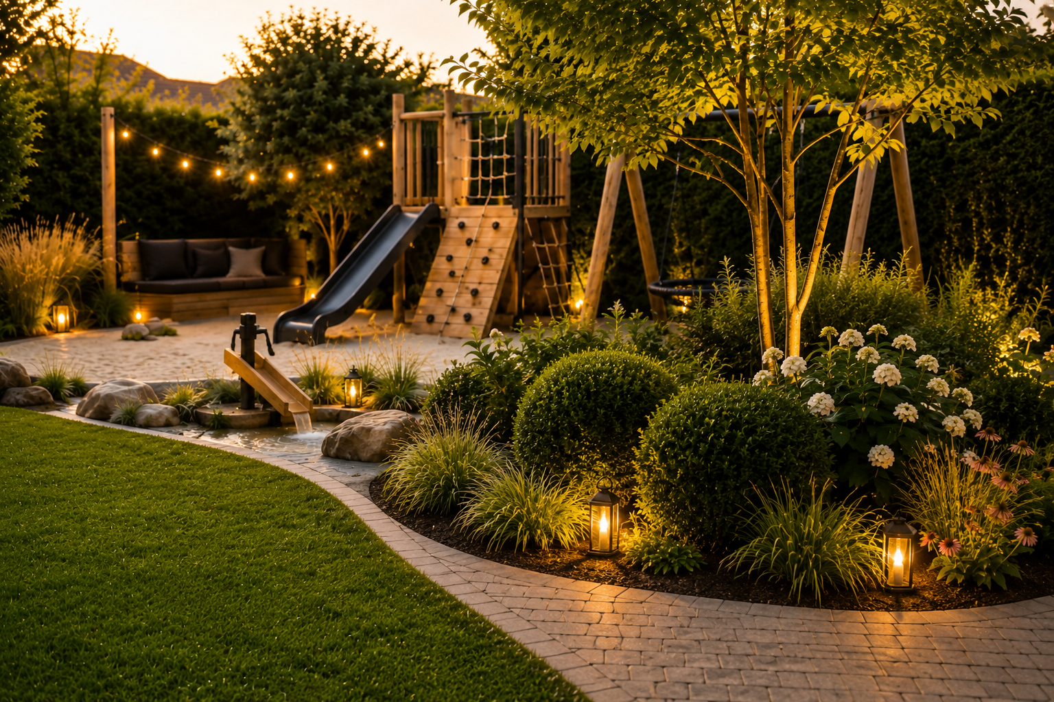 Moderner Familiengarten mit natürlicher Bepflanzung, integriertem Spielbereich, geschwungenem Weg und warmer Gartenbeleuchtung.