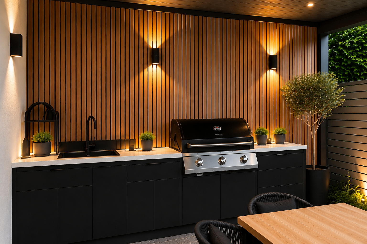 Moderne schwarze Outdoor-Küche mit Grill, vertikaler Holzlamellenwand und warmer Wandbeleuchtung auf der Terrasse.