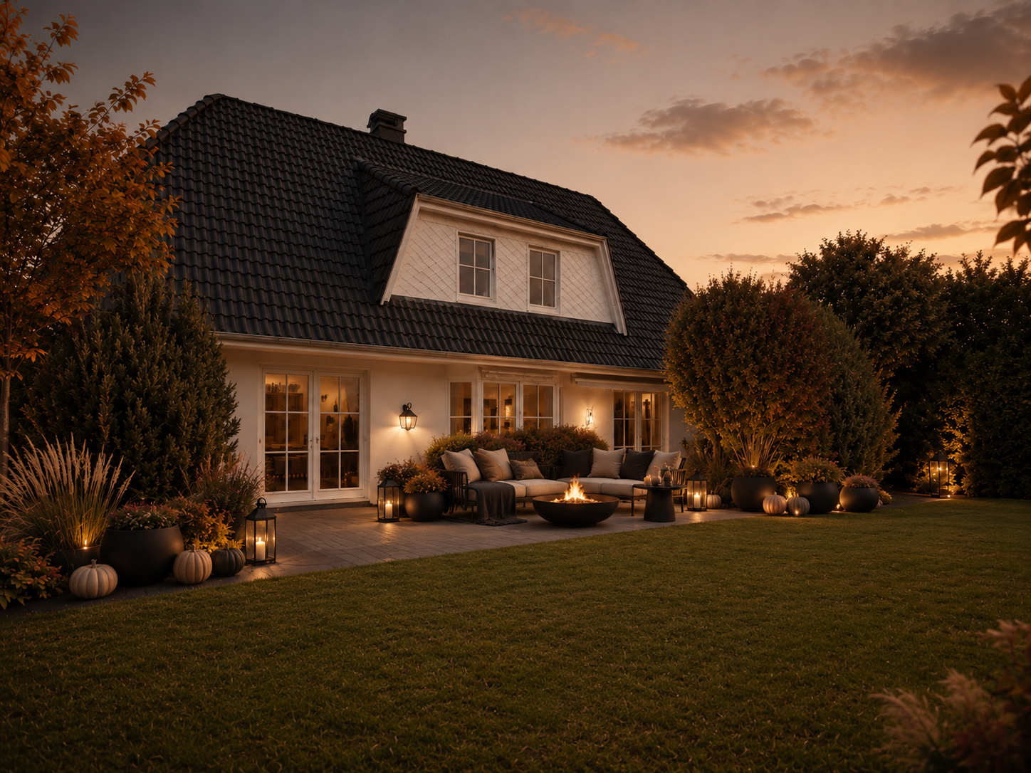 Herbstlich gestalteter Garten mit Outdoor-Lounge, Feuerschale, schwarzen Laternen, Kürbissen und warmer Gartenbeleuchtung am Abend.