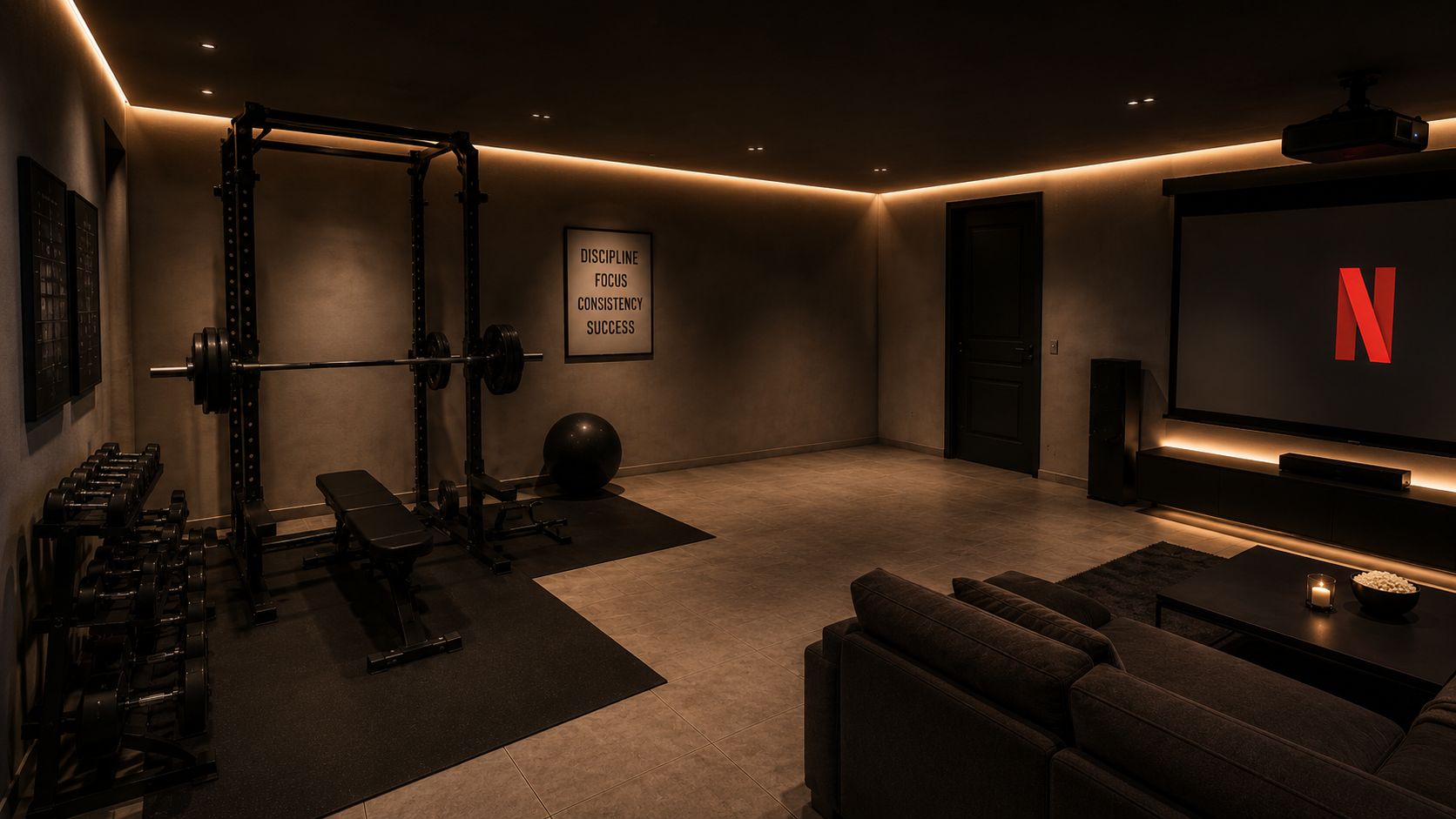 Moderner Fitnessbereich im Keller mit Power Rack, Hanteln und warmer indirekter Beleuchtung