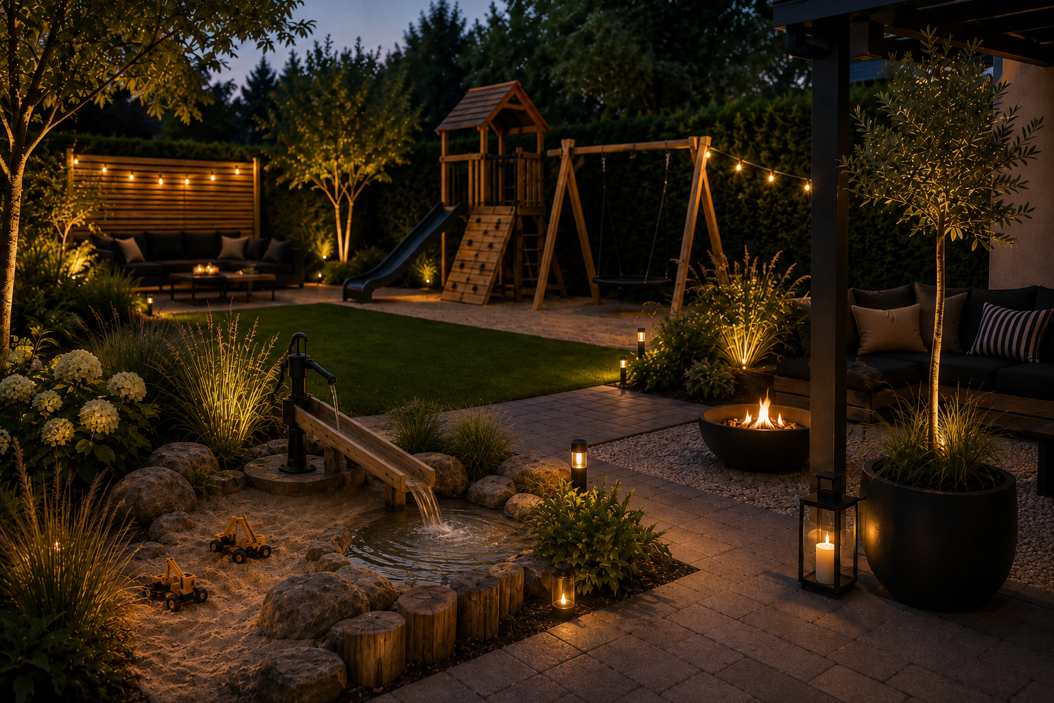Familiengarten am Abend mit beleuchtetem Spielbereich, Gartenweg, Wasserstelle und warmer stimmungsvoller Aussenbeleuchtung.