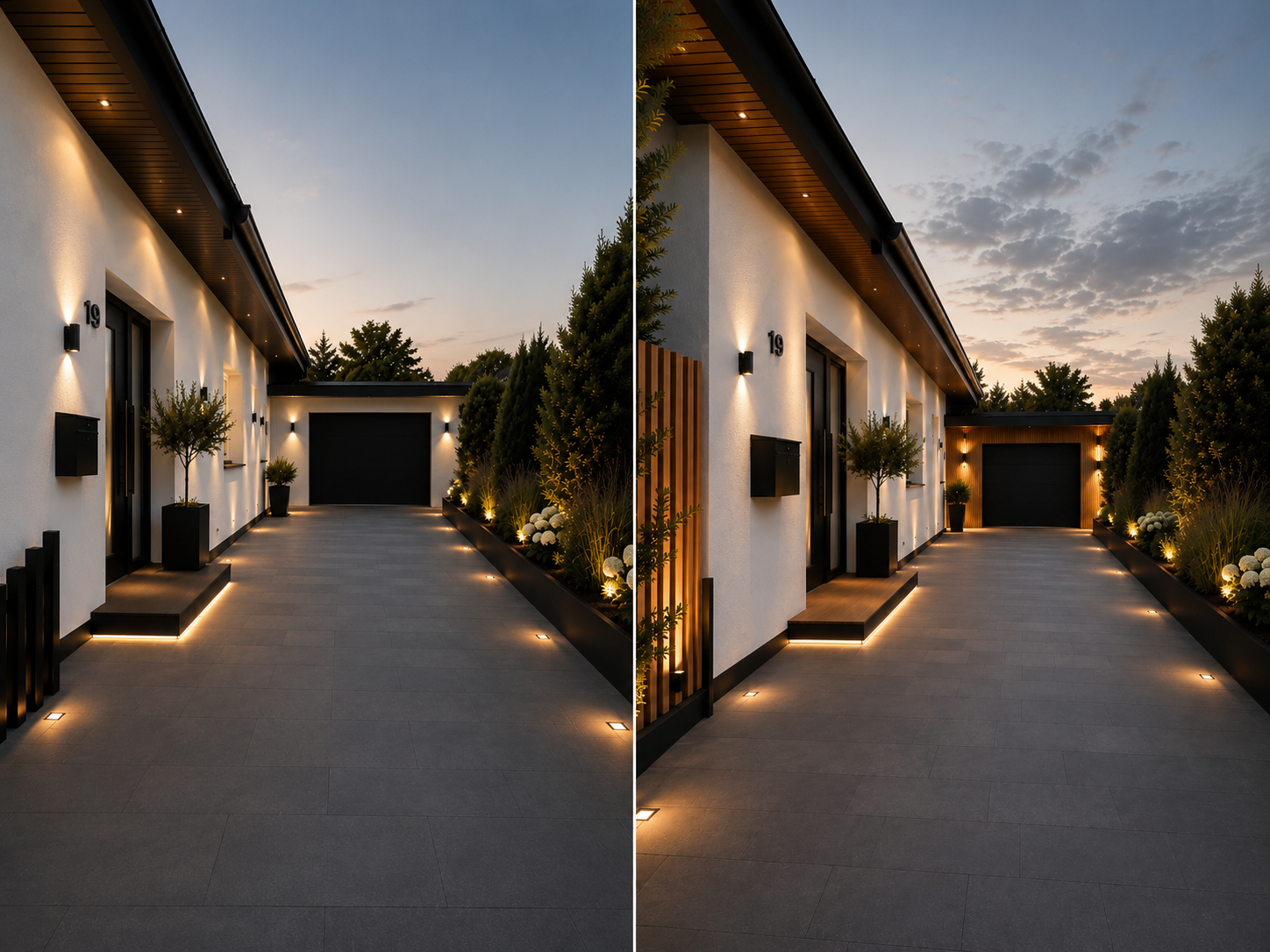 Vergleich einer modernen Garagenauffahrt mit schwarzen Akzenten und einer Variante mit warmen Holzelementen
