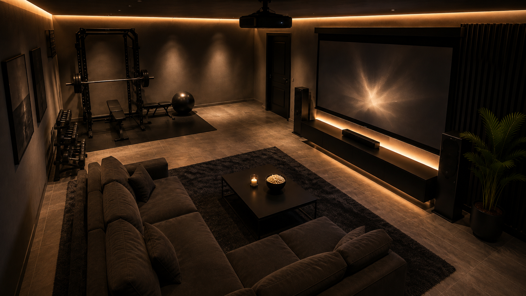 Keller mit getrenntem Home-Gym- und Heimkino-Beriech, dunkler Gestaltung und warmer indirekter Beleuchtung