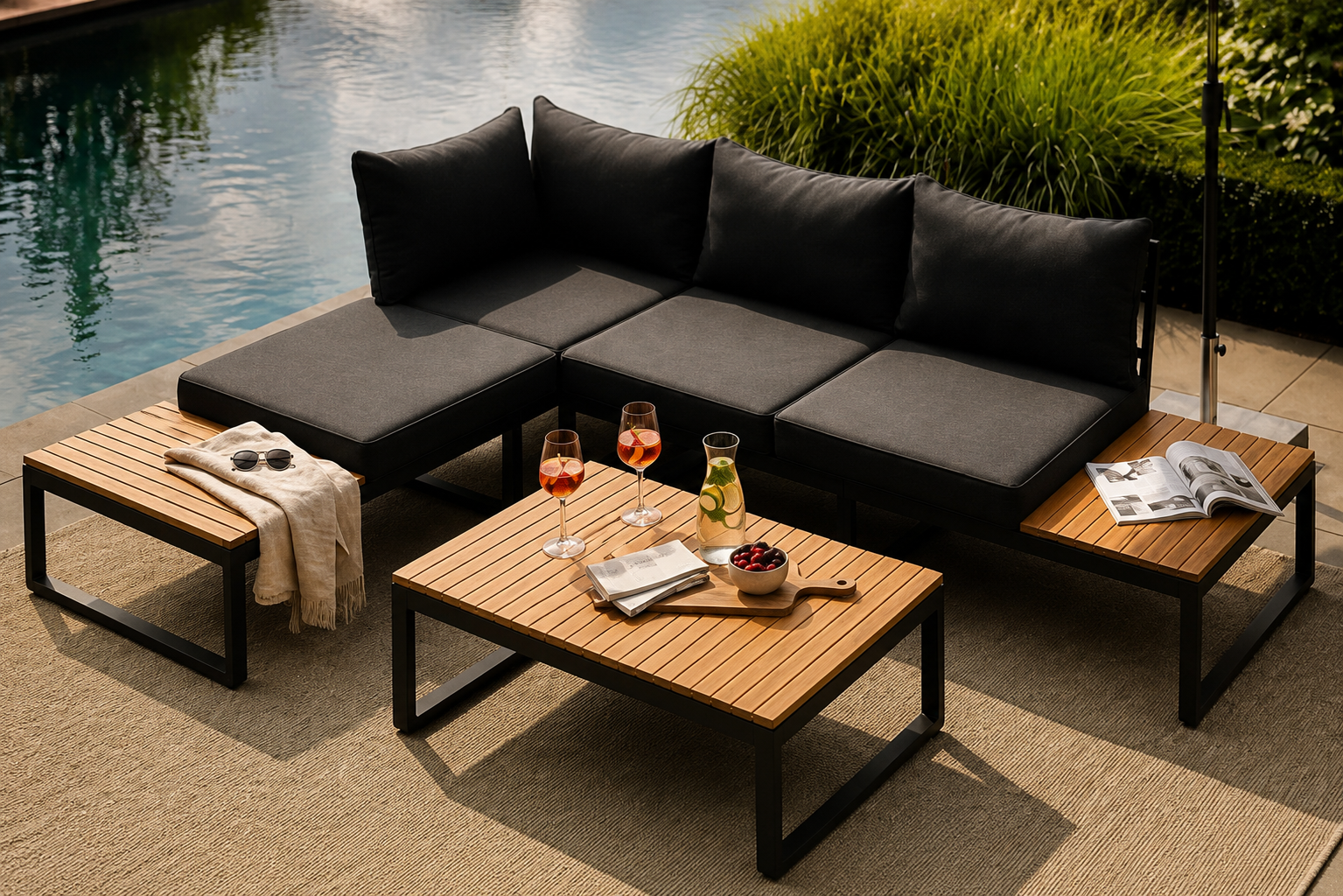 Modulare Outdoor-Lounge mit schwarzen Polstern und Holzelementen für eine moderne, gemütliche Terrasse.