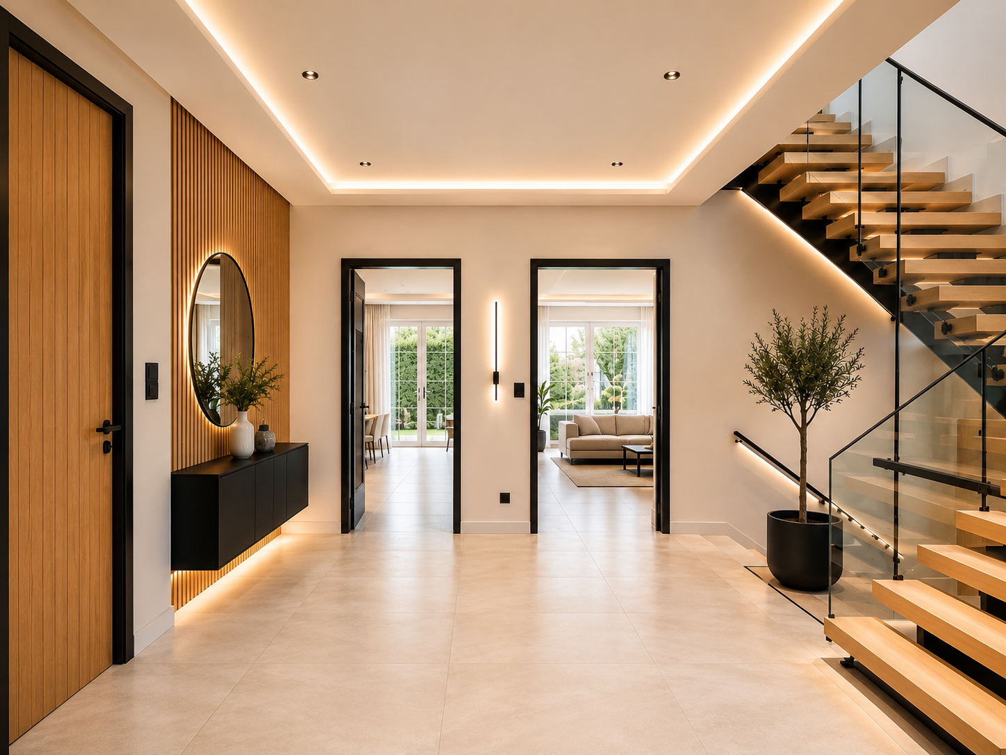 Moderner Flur mit Holzlamellenwand, schwarzen Akzenten, offener Treppe und warmer indirekter Deckenbeleuchtung.