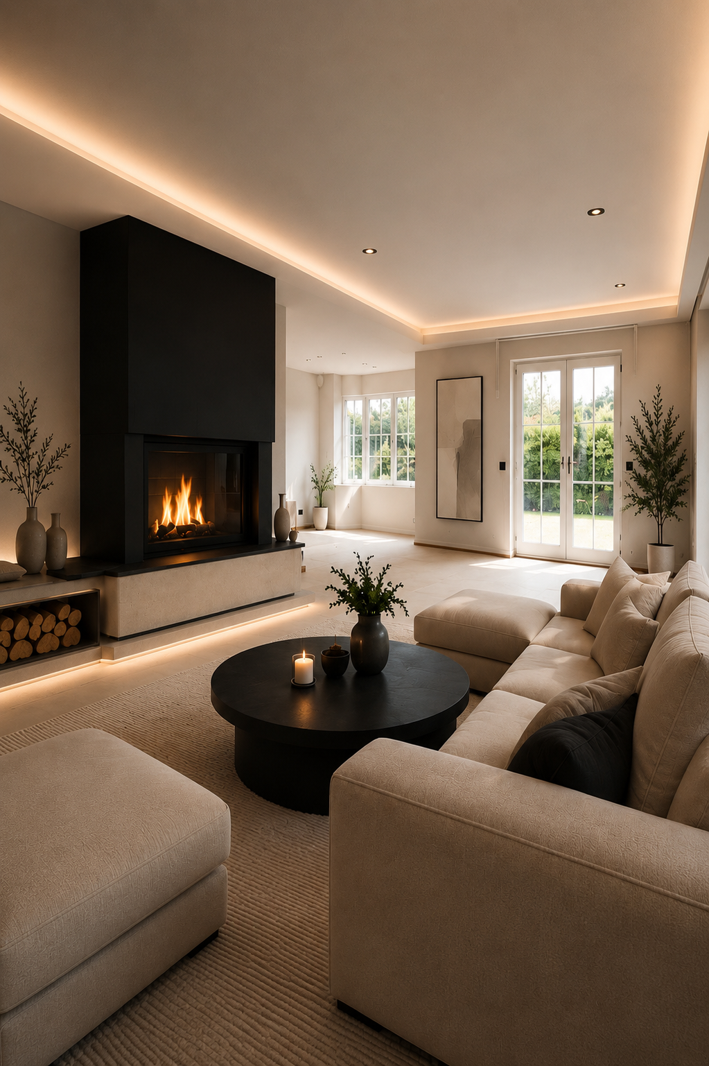 Modernes Wohnzimmer mit schwarzem Kamin, warmen Naturtönen und indirekter Beleuchtung im Stil von HausWerkStudio.
