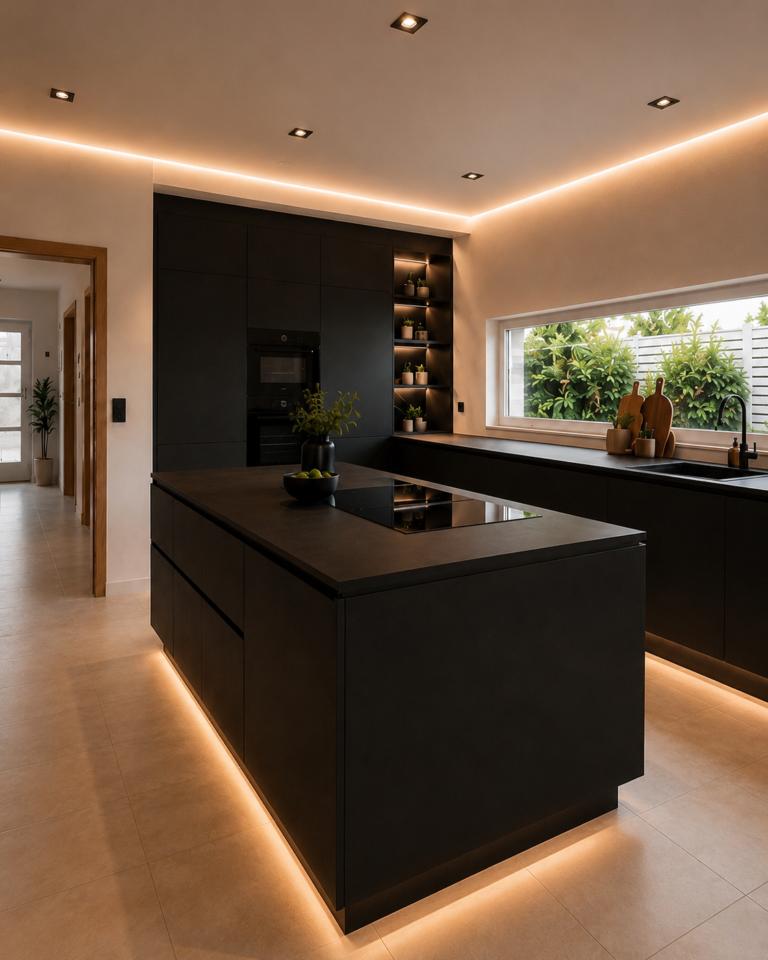 Moderne schwarze Kueche mit Kuecheninsel, warmem indirektem Licht und minimalistischer Gestaltung im Stil von HausWerkStudio