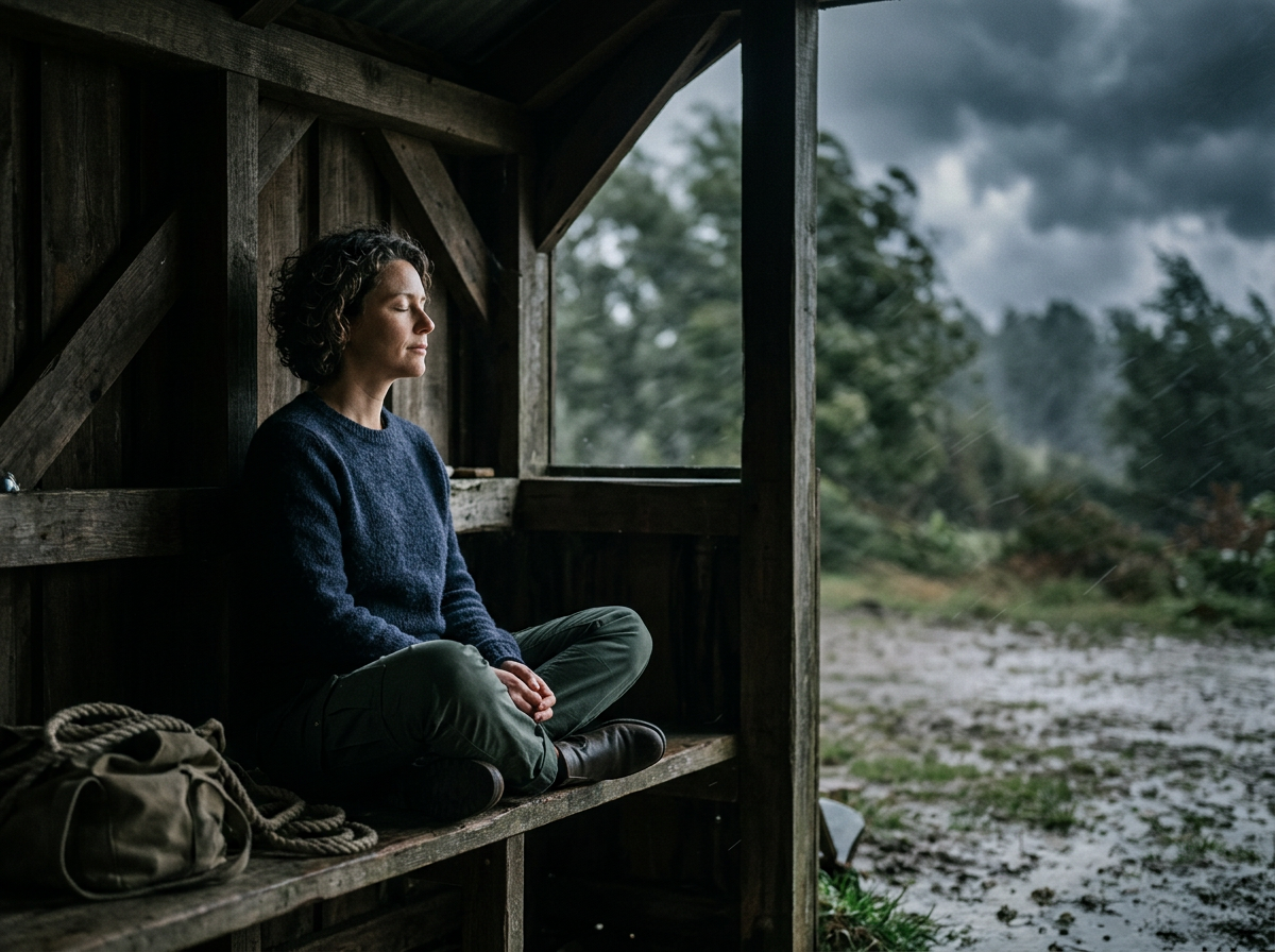 A woman sitting cross-legged inside a wooden shelter during a rainy day, with eyes closed and a peaceful expression.