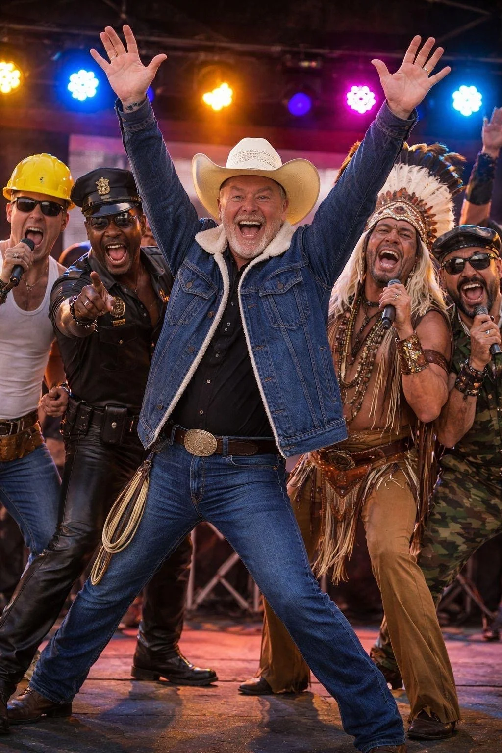 Group of men in costumes, singing and celebrating on stage, with colorful lights illuminating the background.