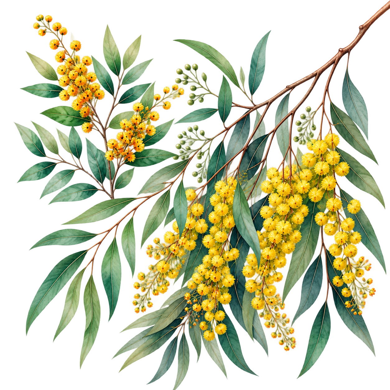 Illustration of eucalyptus branches with green leaves, yellow flowers, and green berries.