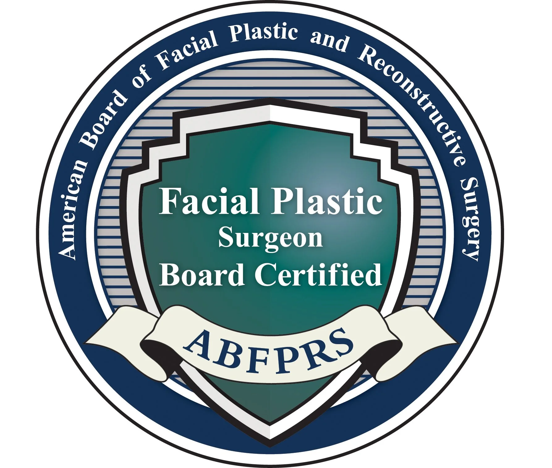 Seal of the American Board of Facial Plastic and Reconstructive Surgery with a shield, ribbon, and text indicating certification in facial plastic surgery.