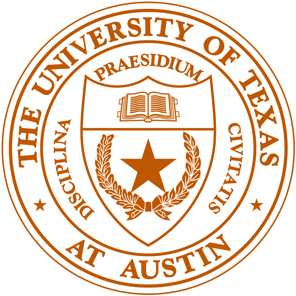 Seal of the University of Texas at Austin featuring an open book, a star, and laurel wreaths.