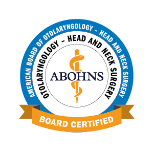 Logo of the American Board of Otolaryngology-head and neck surgery with the text 'Board Certified' on a gold ribbon.