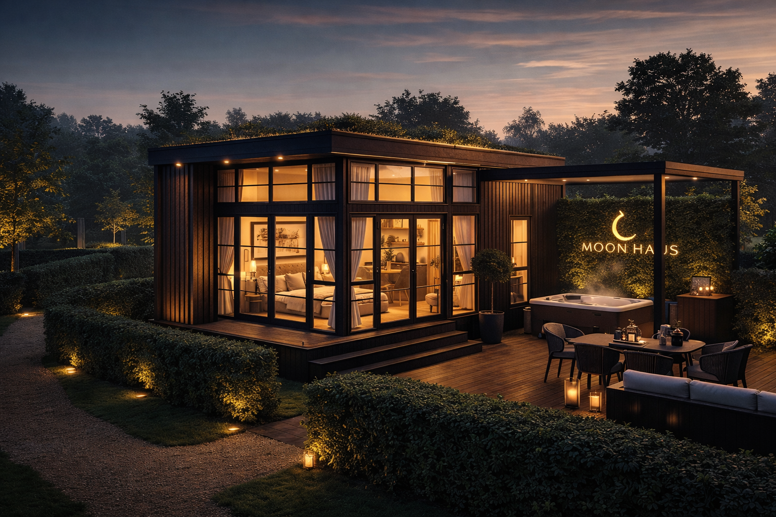 Modern tiny house at dusk with large windows, outdoor seating area, hot tub, and a sign that reads 'Moon Haus' surrounded by greenery.