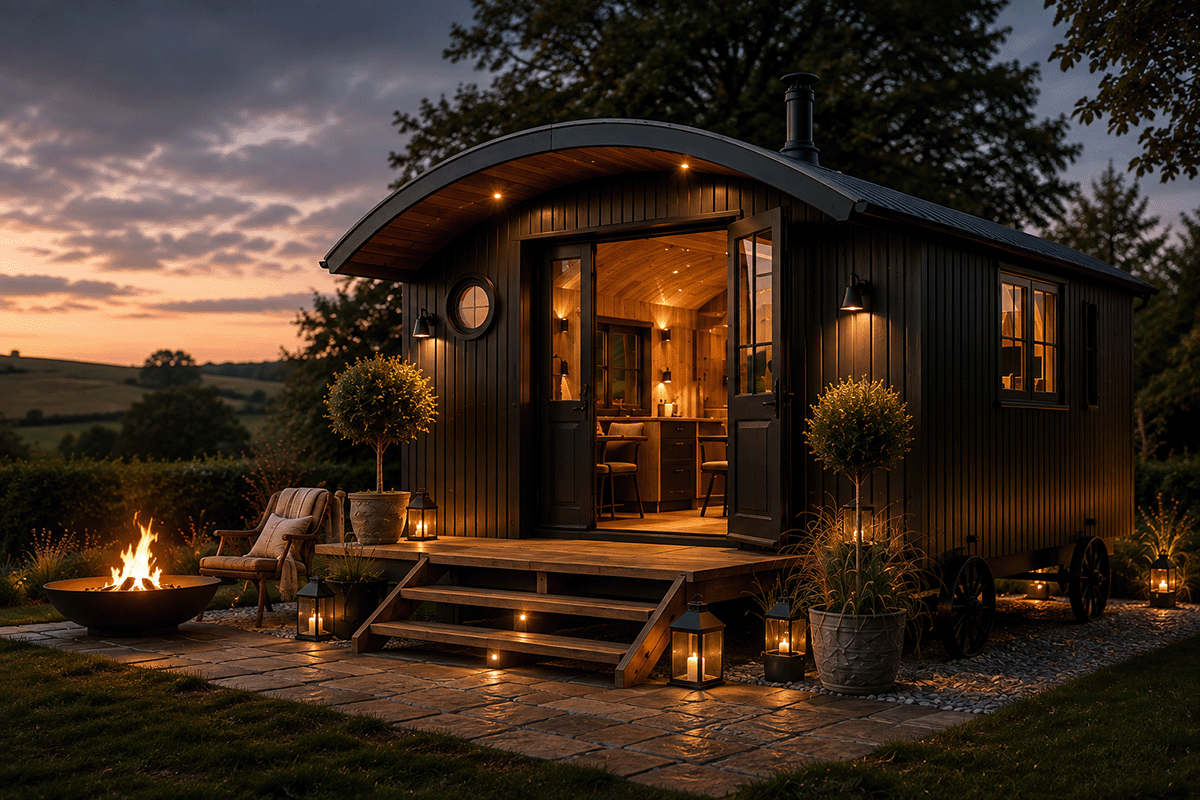 A cozy tiny house with black exterior walls on wheels, decorated outside with potted plants, lanterns, and a fire pit, illuminated warmly during sunset with a countryside landscape in the background.