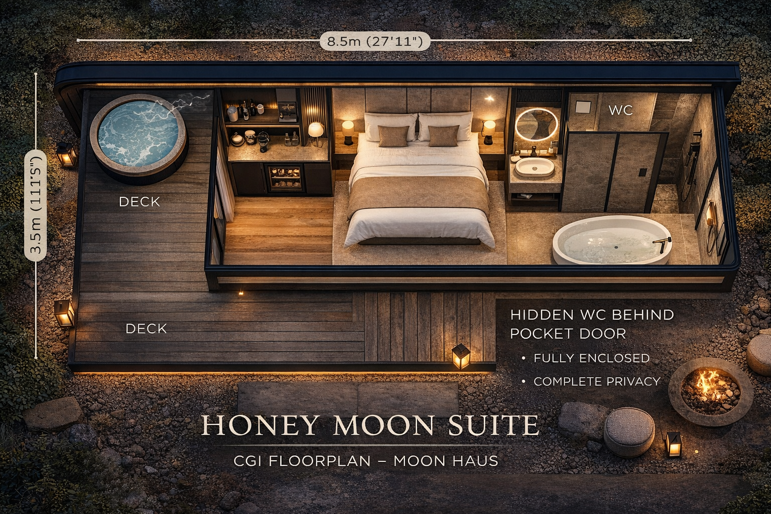 Top-down view of the Honey Moon Suite in a moon Haus, a small enclosed house with built-in deck, hot tub, bedroom, bathroom, and outdoor fire pit, at night, with exterior lighting and surrounding rocks and bushes.