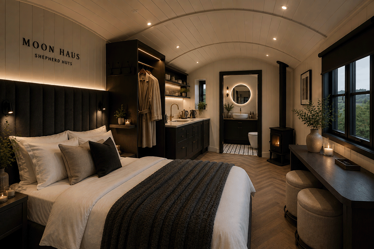 A cozy bedroom with a black and white color scheme, a large bed with multiple pillows, and a bathroom visible in the background, featuring a round mirror and a toilet.