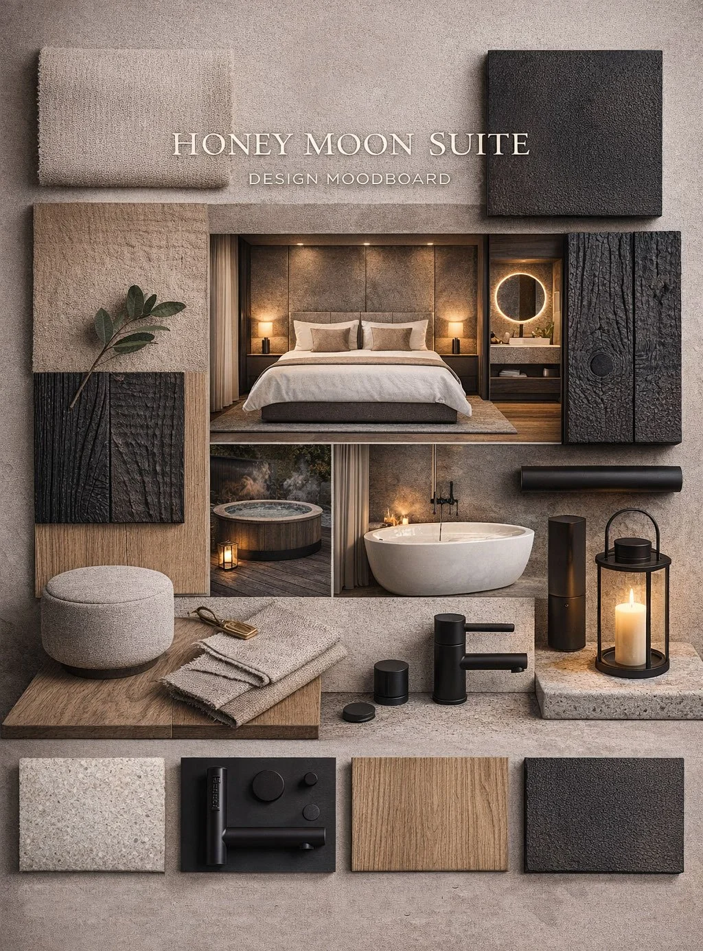 Design mood board featuring bedroom, bathroom, and decor materials with neutral tones and natural textures.