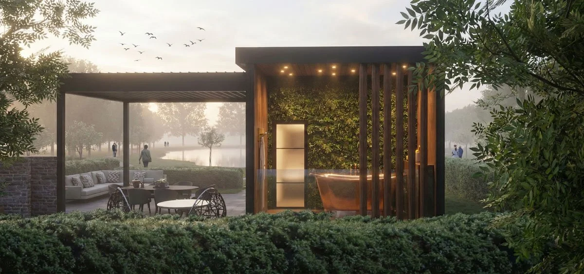 Modern outdoor pool house with greenery wall, outdoor seating area, and a bathtub, on a foggy morning with trees and a lake in the background.