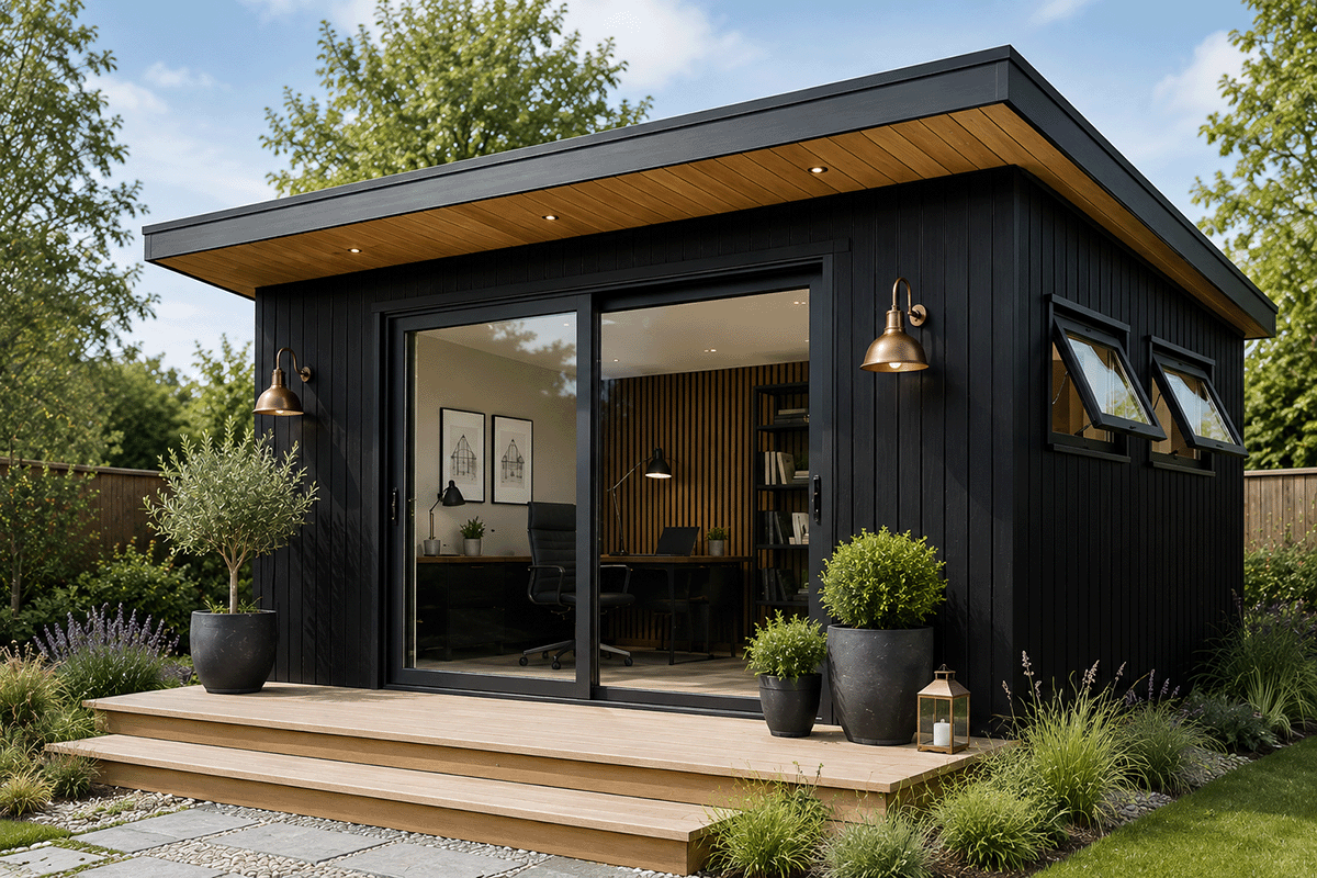 A small modern black wooden house with large sliding glass doors and two open windows. It has outdoor lighting, potted plants, and a small lantern on the porch. The house is set in a landscaped yard with trees and shrubs.