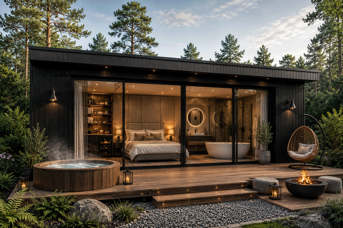 Modern tiny house with large glass sliding doors, an outdoor hot tub, a fire pit, and cozy seating on a wooden deck surrounded by trees.